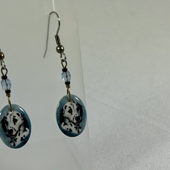 Dalmatian Dog Dangle Earrings Ceramic Blue Black White Beaded 2" Pet - Picture 4 of 9